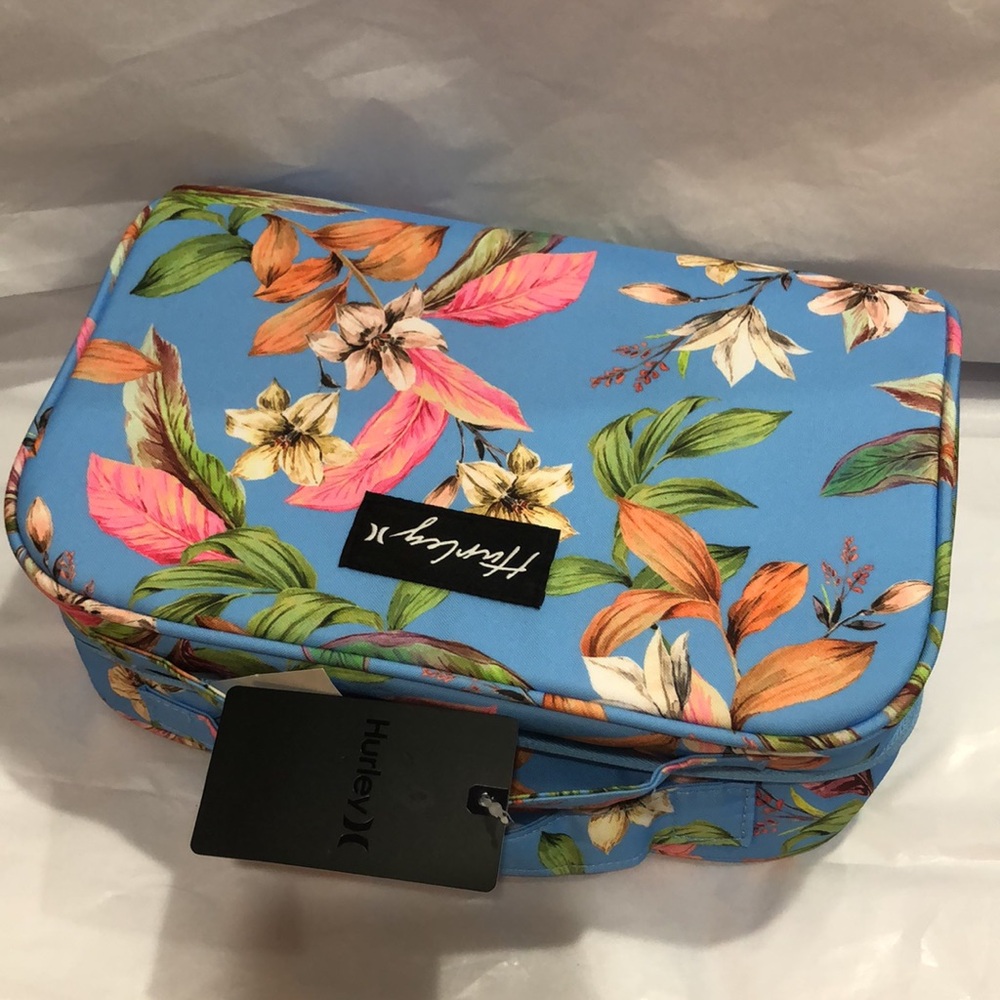 Hurley blue tropical floral print vinyl zip around makeup cosmetics beauty case